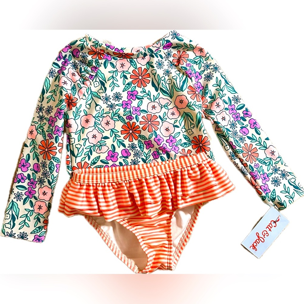 Cat & Jack 2 Piece Long Sleeve Top& Bottom Swimsuit Floral & Stripes Girl 3T NWT